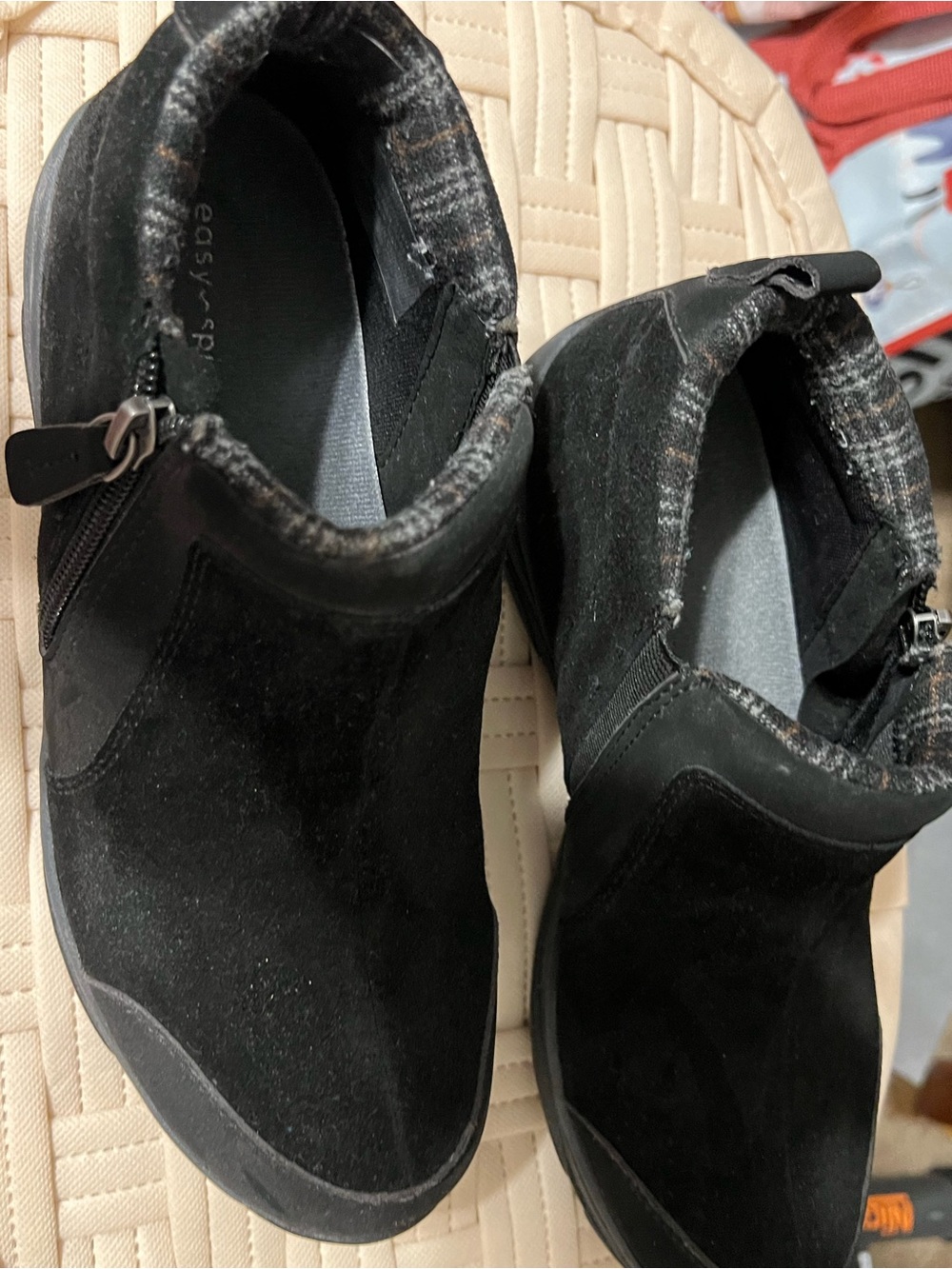 Easy Spirit Black Suede Ankle Booties with Subtle Plaid Trim